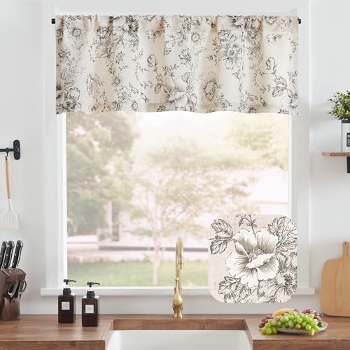 jinchan Black Floral Linen Valance Curtain Lined 16 Inch Rod Pocket 1 Panel - Image 2
