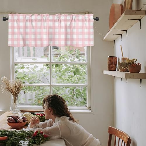 Christmas Valance Curtains for Kitchen Windows Rustic Pink White Buffalo Check - Image 6
