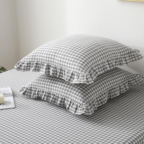 2 Pack Grey White Plaid Ruffle Gingham Euro Pillow Shams, 100% Washed Cotton - Image 3
