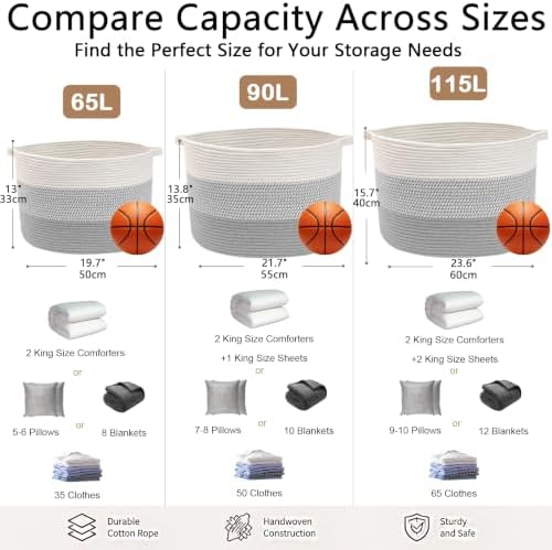 90L Extra Large Blanket Basket, Woven Rope Laundry Basket-Grey - Image 2