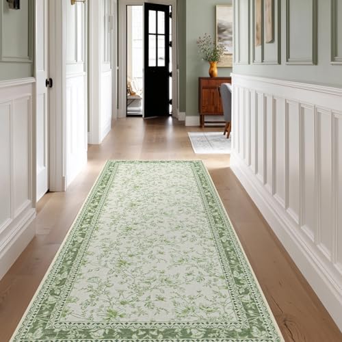 Light Green Kitchen Rug 3x8 Modern Vintage Boho Farmhouse Unique Floral Sage by BILEEHOME