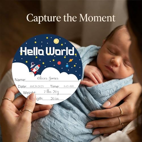 Birth Announcement Sign Hello World Baby Name Wood Spaceship Theme - Image 2