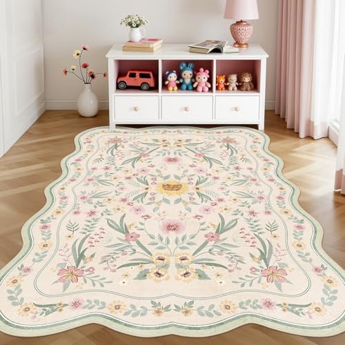 Scalloped Floral Rug 5x7, Sage Green Washable Non Slip Area Rug - Image 2