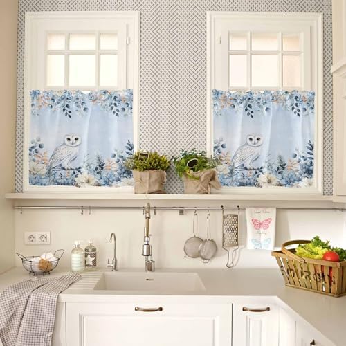 Blue Christmas Kitchen Curtains and Valances Set, Winter Snowy Owl Poinsettia - Image 4