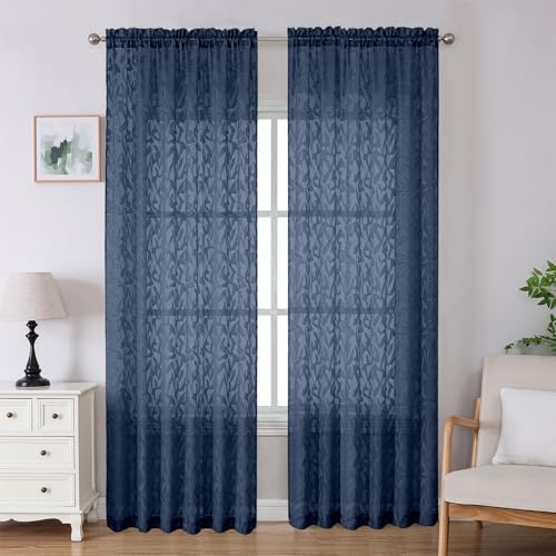 Lecloud Leia Navy Blue Sheer Curtains 96 Inches Long 2 Panels, Airy Leaf by Lecloud