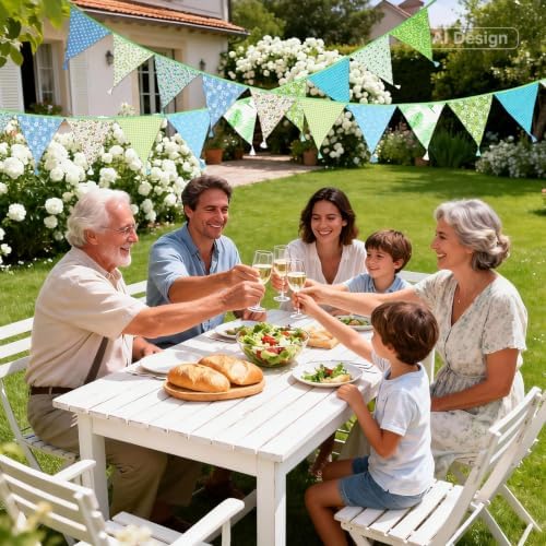 G2PLUS 10.8Ft Cotton Triangle Bunting Banner – 12pcs Blue and Green Floral - Image 5
