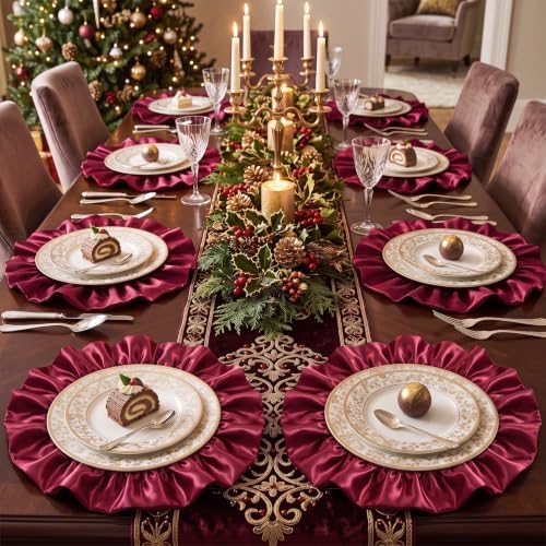 FoldTier Burgundy Ruffled Placemats Round Satin Tablemat 15.7 Inch Set of 6 - Image 5