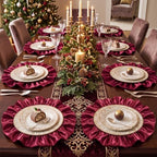 FoldTier Burgundy Ruffled Placemats Round Satin Tablemat 15.7 Inch Set of 6 - Image 5