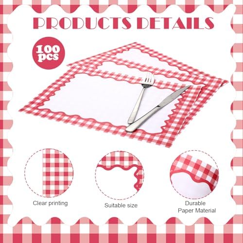 Eaasty 100 Pcs Disposable Red Gingham Paper Placemats Summer Checkered - Image 3