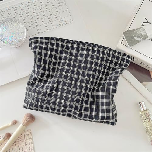 Flat Makeup Bag for Women, Zipper Cosmetic Pouch for Purse, Grid Black - Image 6