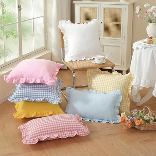 Set of 2 Light Blue Ruffled Lumbar Pillow Covers 12x20 Inch, Soft Fabric Solid - Image 5
