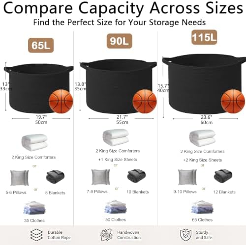 65L Large Blanket Basket, Woven Rope Laundry Basket-Black - Image 2