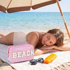 Sanwuta Seersucker Cosmetic Bags Beach Bags Chenille Letter Makeup Bag Stripe - Image 6