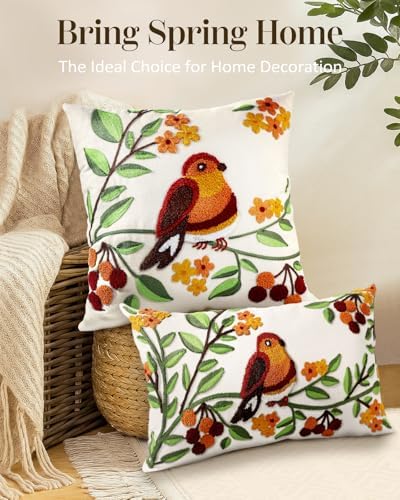 Embroidered Throw Pillow Cover, 20x12 Inch, Bird Branch - Image 5