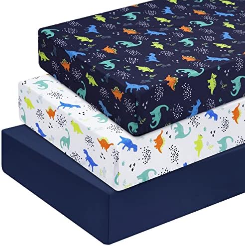 PHF 3 Pack Soft Dinosaur Crib Sheets Fitted, Comfy Breathable Baby Sheets by PHF