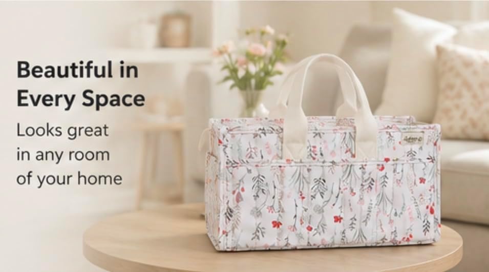 Diaper Caddy Organizer, Floral Design, Portable Nursery Basket - Image 4