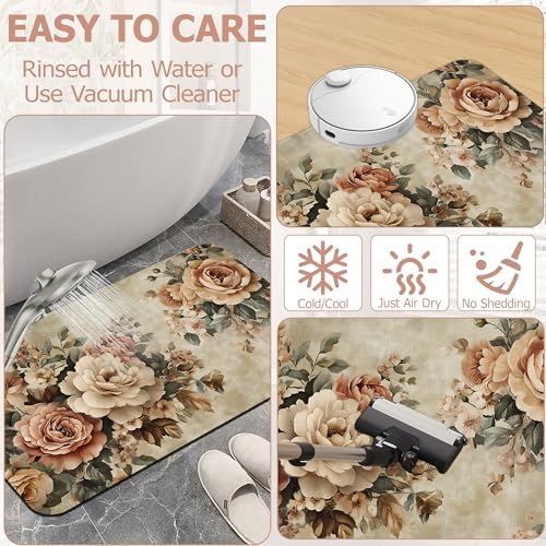 Vintage Rose Bath Mat, Retro Flowers Diatomaceous Earth Bath Mat, Rubber - Image 6