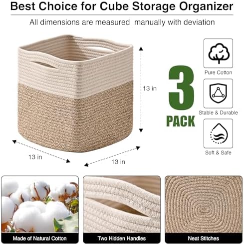 ICERZCZ 13 Inch Cube Closet Storage Bins, Woven Cotton Rope Organizer Baskets - Image 2
