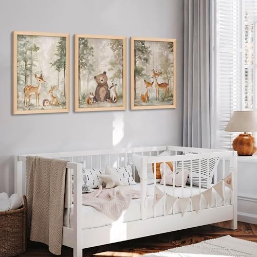 Framed Woodland Wall Art Set of 3, Wild Animals Nursery Wall Decor, Cute Bear - Image 4