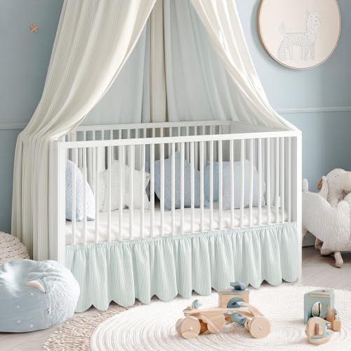 Mindsoft Green Scallop Edge Cotton Crib Skirt Ticking Strip Farmhouse Chic - Image 3