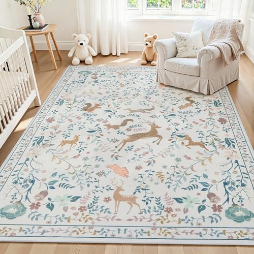 6x9 Area Rugs Boho Floral Washable Living Room Rug Neutral Carpet Nursery by Yidanamy