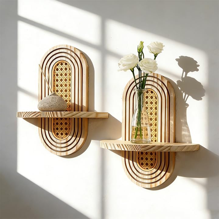 Artilady Boho Shelf Wall Decor Rattan Wood Floating Shelves Srorage Display by Artilady