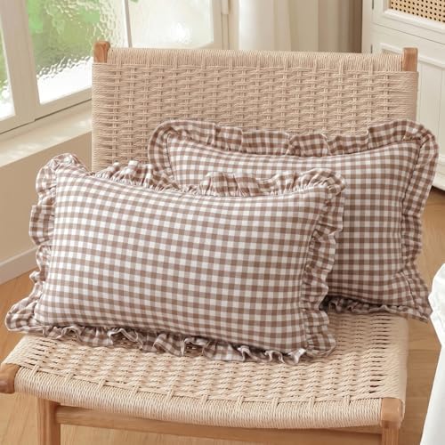 Set of 2 Ruffle Gingham Lumbar Pillow Covers 12x20 Inch Cotton Brown and White by HOSTECCO