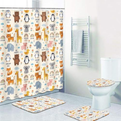 Britimes Bathroom Sets with Shower Curtain and Rugs Set of 4 Cartoon Animal by Britimes