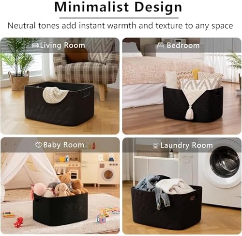 OIAHOMY 96L XXXLarge Blanket Basket Woven Cotton Rope Storage Basket Black - Image 6