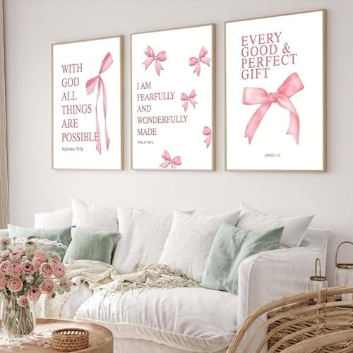JBZDD Coquette Pink Bow Wall Art Decor Posters Set of 3, Inspirational Bible - Image 2