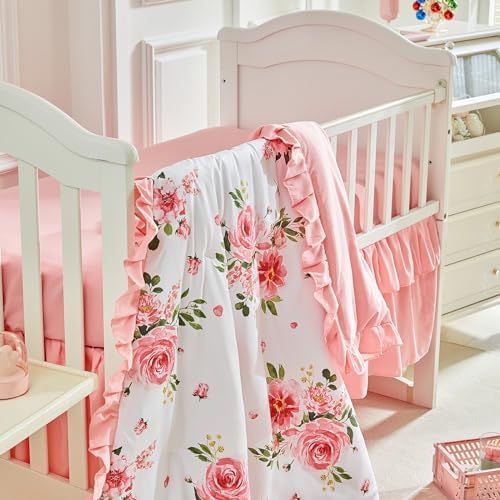 3 Pieces Flowers Mini Crib Bedding Set Baby Ruffled Quilted Comforter - Image 4