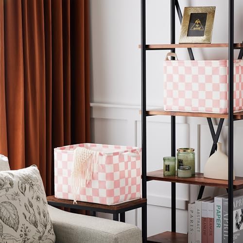 Ohocut Pink White Checkered Canvas Basket, Rectangular Organizing Decorative - Image 3