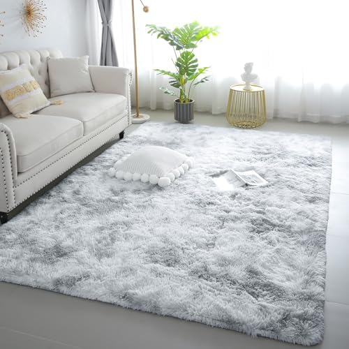 6x9 Tie-Dye Gray Shag Rug for Bedroom, Soft Plush Fluffy Carpet by KICHOWUA