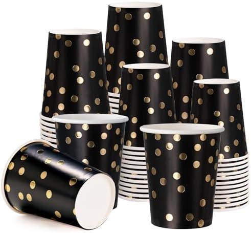 WRAPAHOLIC 50 Pcs Black Gold Dot Paper Cups - 9 oz Black and Gold Foil Dots by WRAPAHOLIC