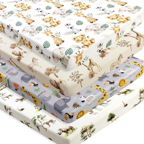 4 Pack Safari Jungle Animals Neutral Unisex Fitted Nursery Baby Sheets Set by FIGEPO