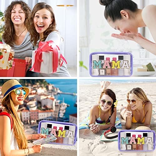 Iqimott Clear Patch Makeup Bag Mama Pouch, Preppy Personalized Chenille Letter - Image 6