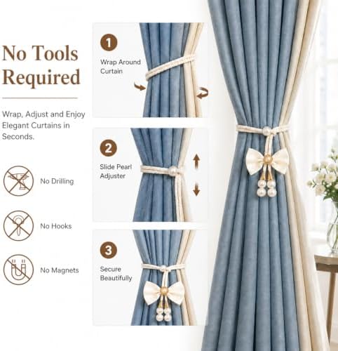 Adjustable Curtain Tiebacks 2 Pack, No Drill Cute Bow Rope Holdbacks - Image 4
