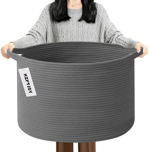 90L Extra Large Blanket Basket, Woven Rope Laundry Basket-Dark Grey by HZFTJOY