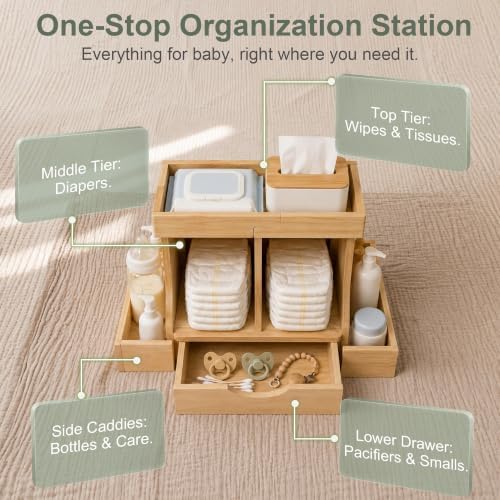 Diaper Organizer with Drawer, Wooden Changing Table Organizer - Image 3