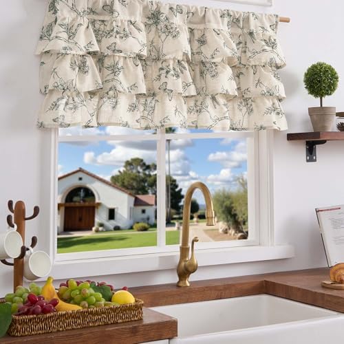 jinchan Ruffled Floral Valance Curtain 18 Inch 1 Panel Grey on Beige - Image 2