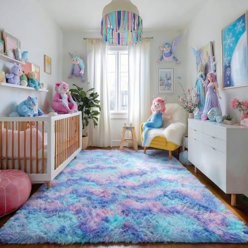 Amdrebio Purple Rainbow Mermaid Fluffy Kids Area Rug 4x6 - Image 5