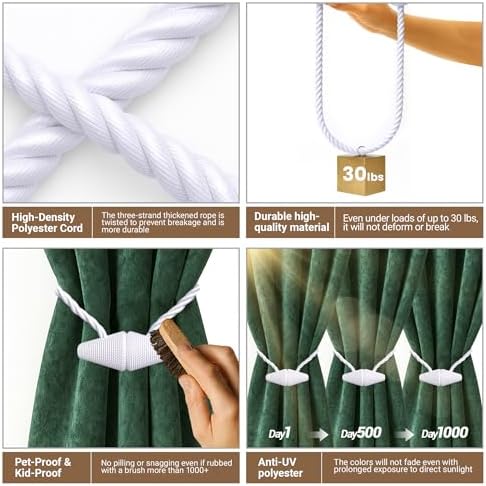 Hion Magnetic Curtain Tiebacks White 2pcs, Curtain Holdbacks Hooks Holders - Image 4