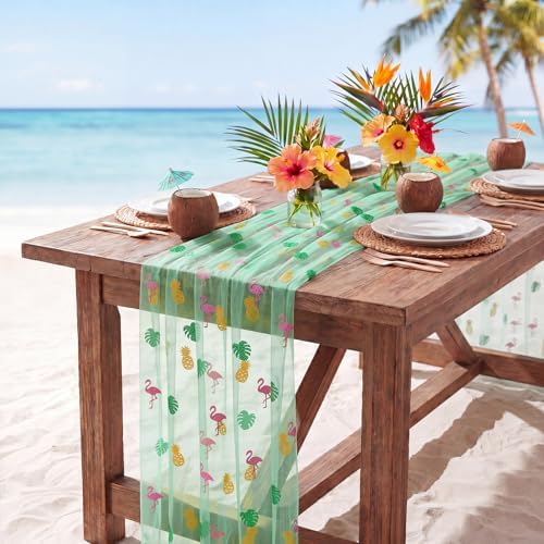 4 Pcs Flamingo Table Runner 29x70 Inch Summer Tropical Green - Image 6