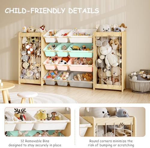 EXPERLAM Large Toy Storage Organizer, Wooden Stuffed Animal Storage & 12-Bins - Image 3