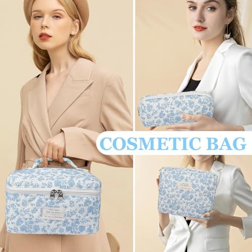 Gosect Makeup Bag Set, Quilted Makeup Bag, Large Floral Cosmetic Bag - Image 4