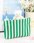 Flat Makeup Bag for Women, Zipper Cosmetic Pouch for Purse, Stripe Green - Image 3
