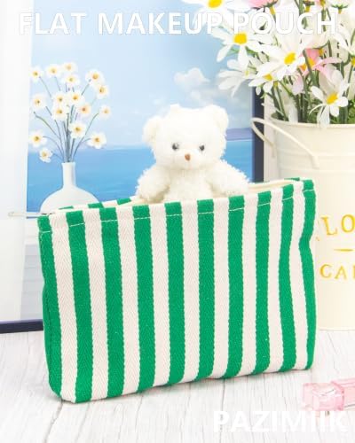 Flat Makeup Bag for Women, Zipper Cosmetic Pouch for Purse, Stripe Green - Image 3