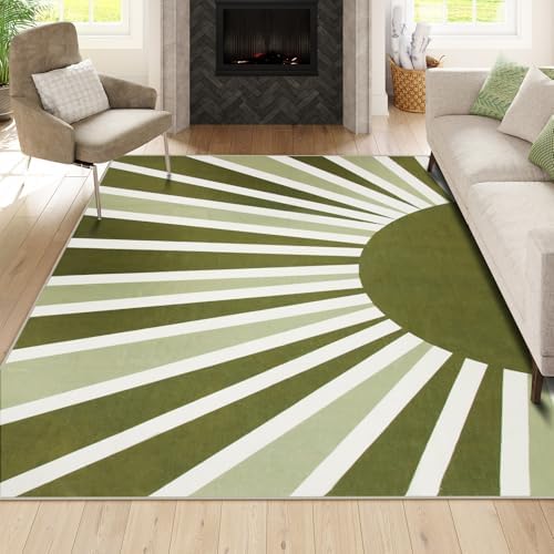 Lahome Green Washable Area Rug 8x10, Boho Rainbow Sun Print by Lahome