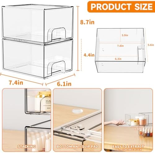 Yieach 2 Pack Clear Stackable Storage Drawers, 4.4'' Tall Acrylic Drawer - Image 3