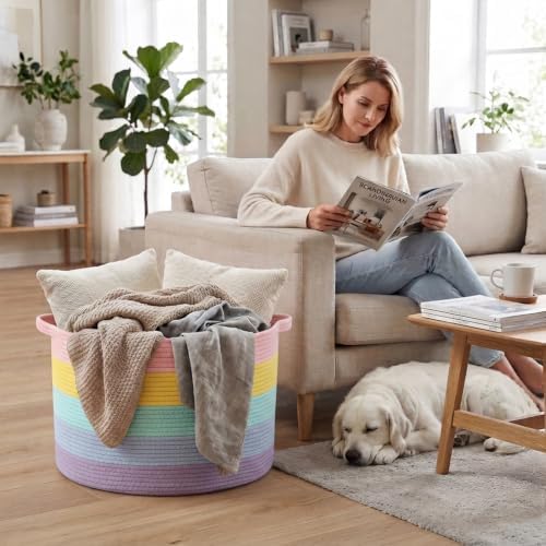 115L Large Blanket Basket, Rope Woven Laundry Basket-Colorful - Image 4